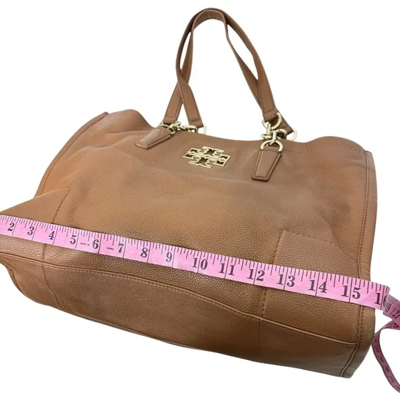 Tory Burch Amanda Classic Pebbled Leather Tote Bag Tan Brown Gold Logo - Picture 4 of 11